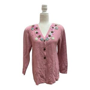 Susan Bristol Womens Wool Blend Pink Embroidered Sweater 90s Cottage